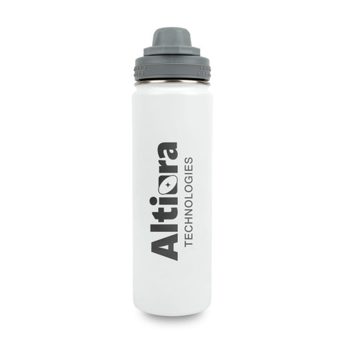 A drink bottle in white with a grey lid and a logo. Ideal for keeping beverages hot or cold.