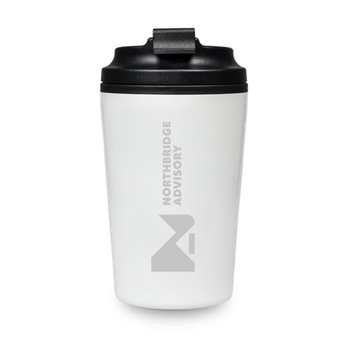 A reusable coffee cup in white with a black lid, featuring a logo on the front.