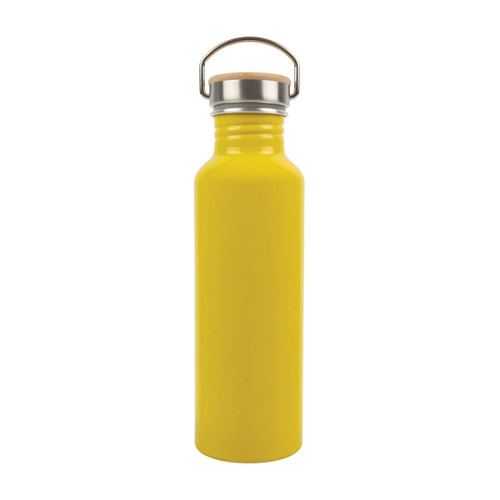 A drink bottle made of recycled aluminium, featuring a vibrant yellow finish and a metal lid with a cork accent.