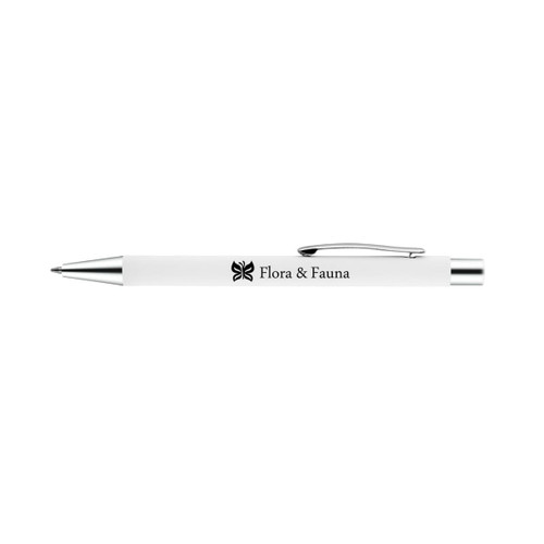 A white aluminium pen with a silver clip and a logo. The pen features a sleek design suitable for writing.