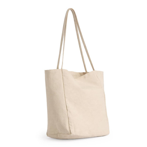 A beige tote bag with long handles and a minimalist design. It has a logo on one side.