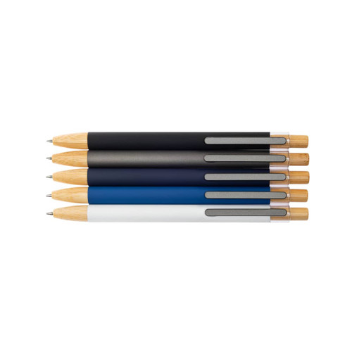 A collection of Serenity Aluminium Pens in black, grey, navy blue, and white, featuring wooden accents.