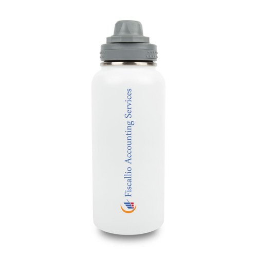 A drink bottle with a white finish, featuring a grey lid and a logo. Suitable for various beverages.
