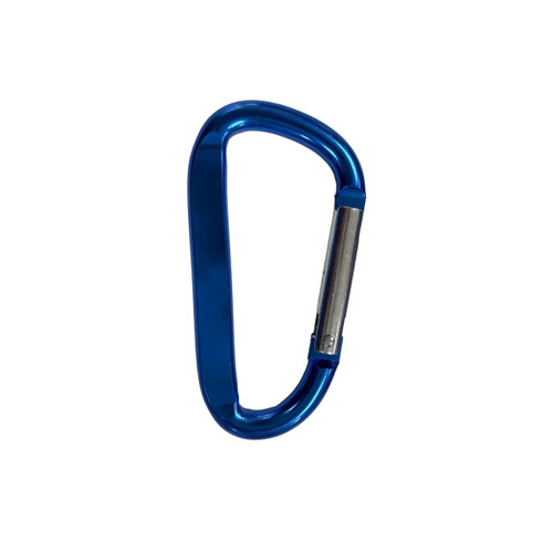 A blue 8cm carabiner with a metallic clip, featuring a simple design. It has a logo on the surface.