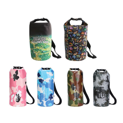 A collection of full colour dry bags in pink, blue, black, camouflage, and floral designs, each featuring a logo.