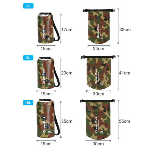 A collection of camouflage dry bags in three sizes: 3L, 5L, and 10L, showcasing different dimensions and designs.