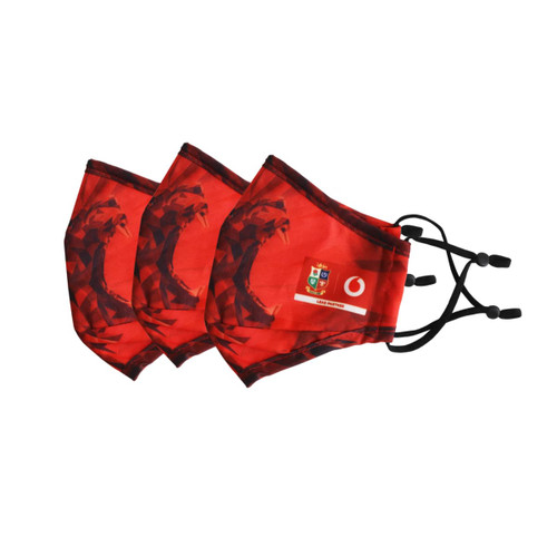 Three red reusable face masks featuring a lion design and adjustable ear loops, with branding on one mask.