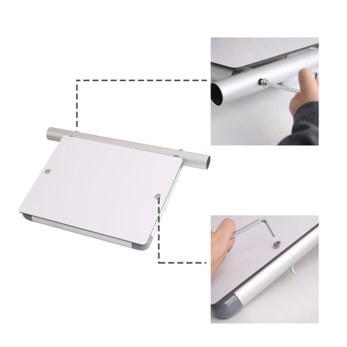 A silver monitor mount with shelves and a white panel, featuring an adjustment mechanism and a tool for assembly.