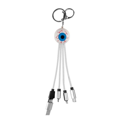 A charging cable with multiple connectors, featuring a keyring and an eyeball design in white and blue.