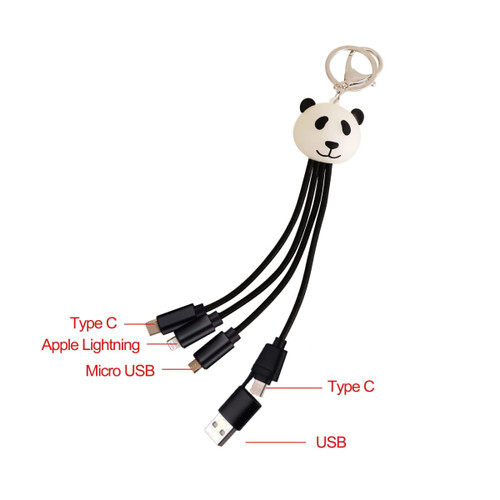 A custom-shaped light-up charging cable with a panda keyring, featuring Type C, Apple Lightning, and Micro USB connectors.
