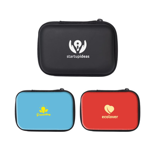 A black, blue, and red medium zipper case with logos, featuring varying designs and colours.