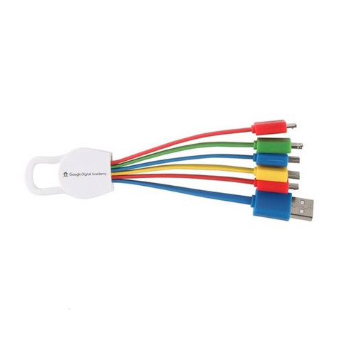A 6-in-1 charging cable with multiple connectors in red, blue, green, yellow, and orange, featuring a logo on the side.