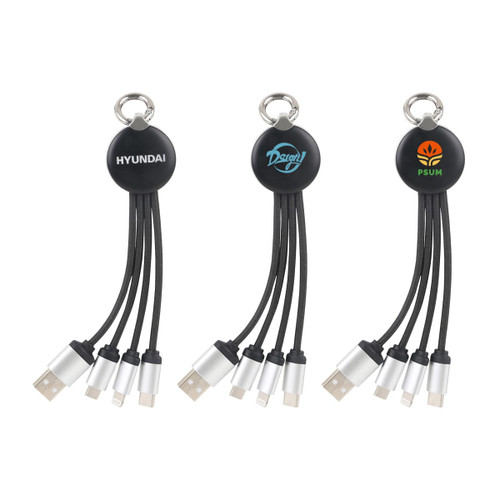 A round light-up charging cable in black with multiple connectors and a logo on one side, featuring three variations.