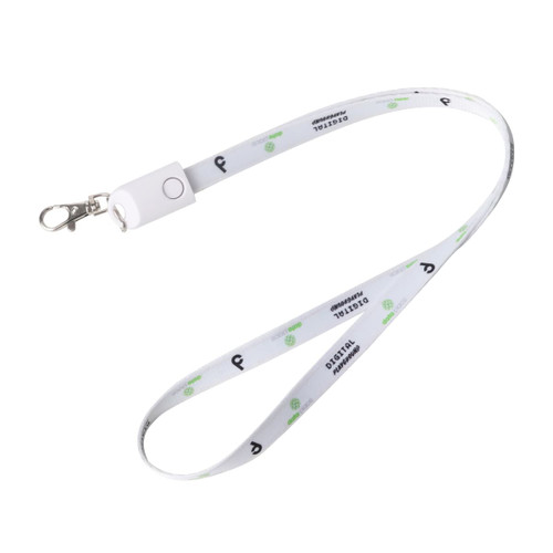 A polyester lanyard charging cable in white with a clip and a logo design printed along the length.
