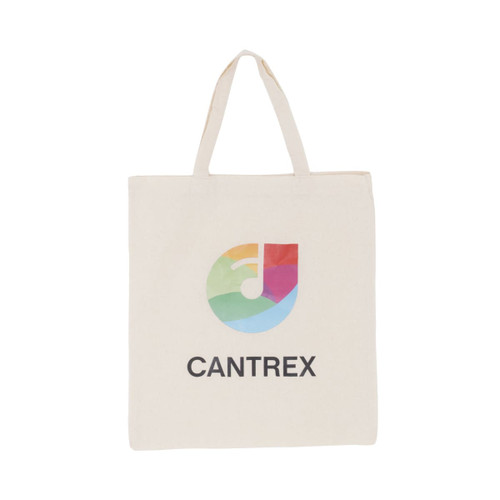 A beige calico tote bag featuring a colourful logo and a short handle.