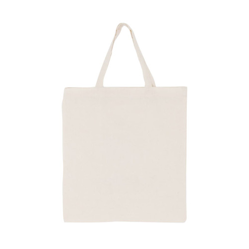 A short handle calico bag in a natural beige colour featuring a logo.