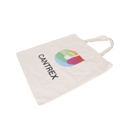 A short handle calico bag in cream, featuring a colourful logo. The bag is spacious and made of durable fabric.