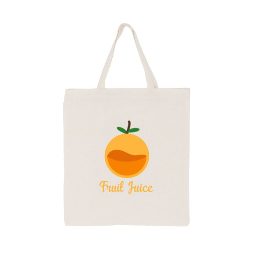 A calico bag in natural colour featuring an orange fruit design with the text "Fruit Juice" and a logo.