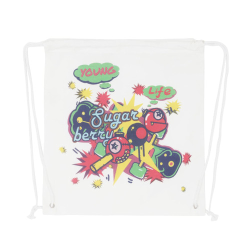 A white drawstring cotton bag featuring colourful graphic designs and illustrations, including a logo.