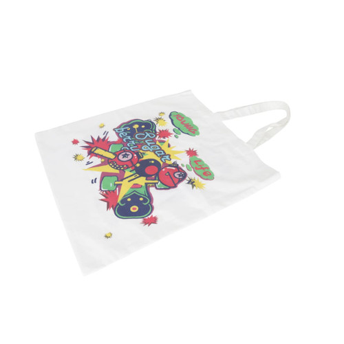 A white cotton bag featuring a colourful printed design and short handles, with a logo visible.