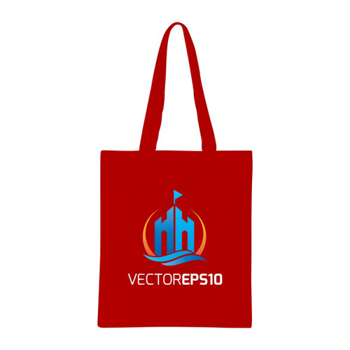 A red long handle cotton bag featuring a logo design. The bag has a spacious body for carrying items.