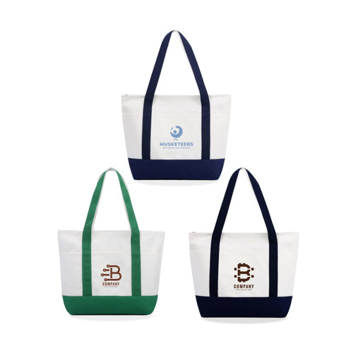 A small canvas tote bag in white with green and navy blue accents, featuring various logos.