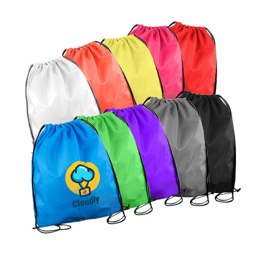 A collection of drawstring bags in various colours including white, yellow, red, green, purple, and black, featuring a logo.