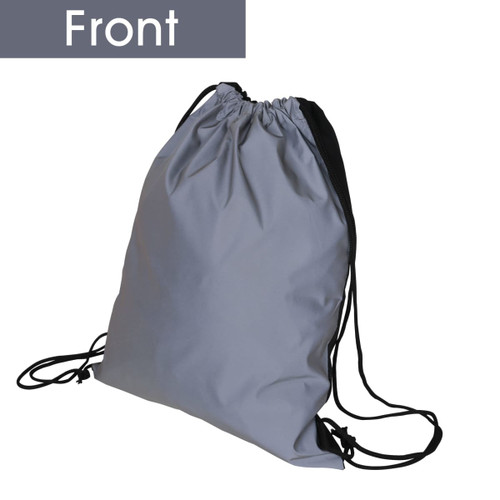 A grey reflective drawstring bag featuring black straps and a simple design, with an attached logo.