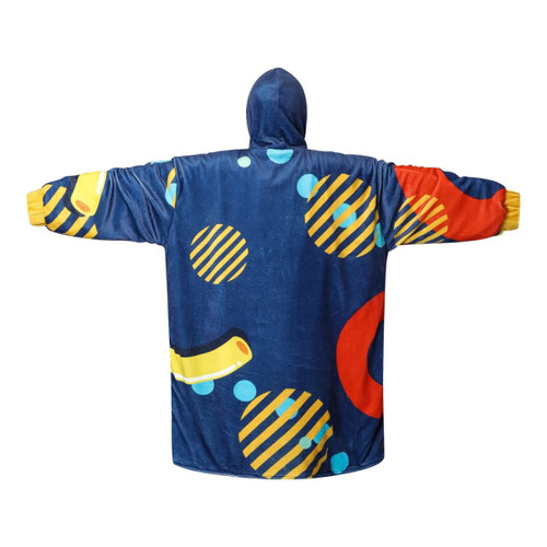 A colourful unisex wearable blanket featuring blue, yellow, and red designs with a hood and absorbent lining.