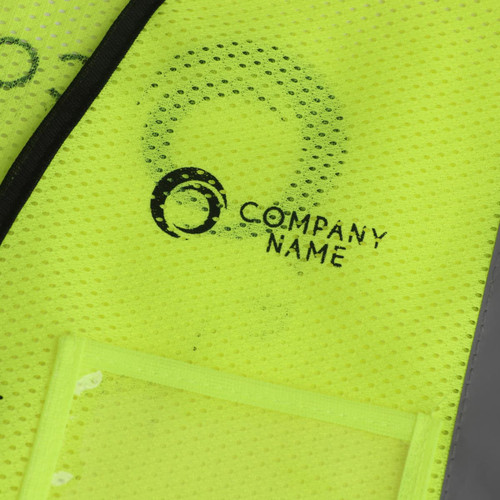 A bright yellow hi-vis vest featuring reflective tapes and functional pockets, with a logo on the fabric.