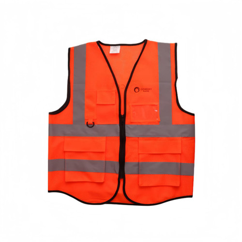 A bright orange unisex hi-vis vest featuring reflective tapes and multiple functional pockets, with branding.