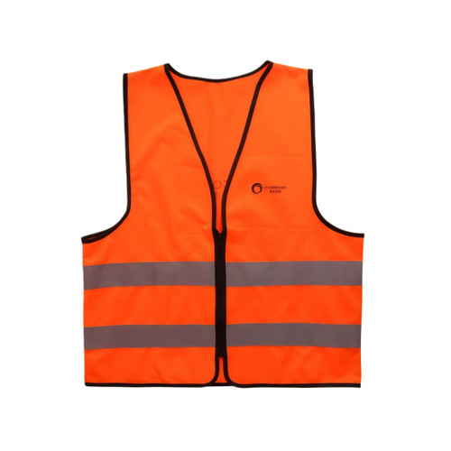 An orange hi-vis vest with horizontal reflective tape and a logo on the front. Ideal for workwear applications.