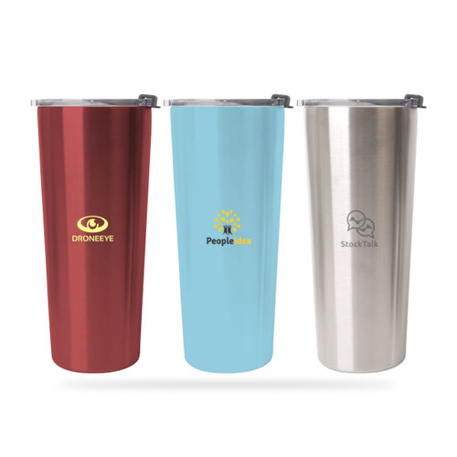 A drink bottle collection featuring a red, light blue, and stainless steel tumbler, each with a logo.