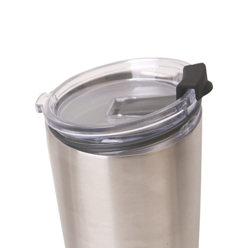 A drink bottle featuring a stainless steel finish with a clear lid and a black slider for easy access.