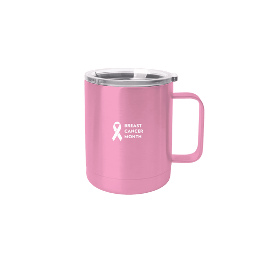 A drink mug in pink stainless steel with a clear lid, featuring a logo. Suitable for coffee or hot beverages.