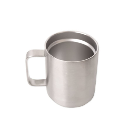 A stainless steel mug with a sleek design and a sturdy handle. The interior is smooth and polished.