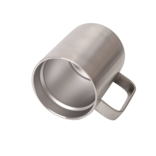 A stainless steel mug with a sleek, smooth finish and a sturdy handle. It has a simple design and no visible branding.