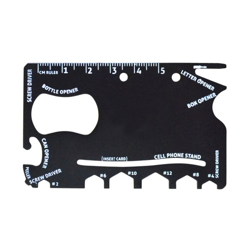 A black card-sized multi-tool featuring various functions including a bottle opener, can opener, and screwdrivers.