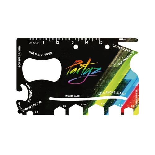 A card-sized multi-tool with a vibrant, multicoloured design featuring various functions like a bottle opener and ruler.