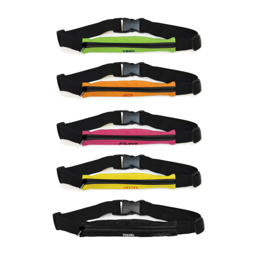 A range of running belts in vibrant colours including green, orange, pink, yellow, and black, with adjustable straps.