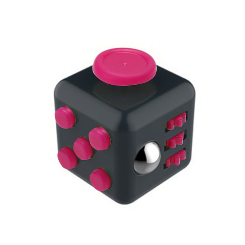 A black fidget cube with pink buttons and a shiny silver ball, featuring various tactile surfaces.