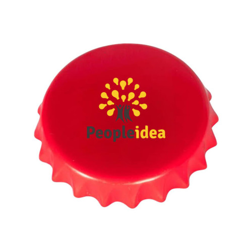 A red bottle cap with a serrated edge, featuring a logo. The background is plain white.