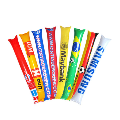 Inflatable Bang Bang Sticks in various colours including red, blue, yellow, and green, with logos on the sticks.