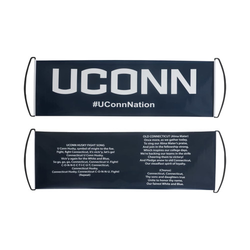 A hand-held roll-out fan flag in navy blue, featuring a logo and text on both sides.
