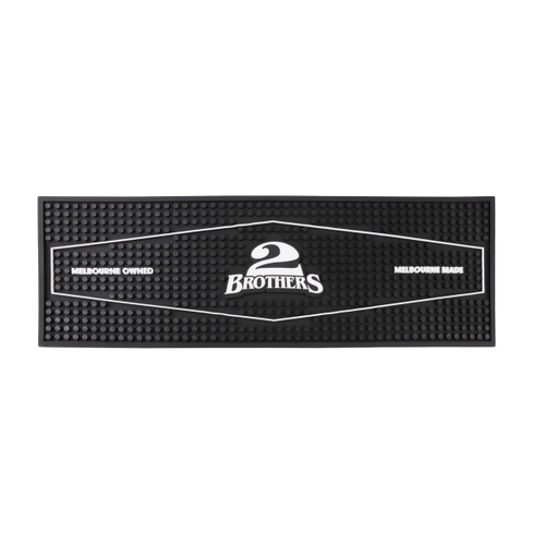 A black moulded PVC bar runner with textured surface and a logo in the centre.