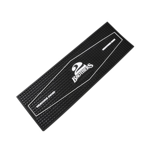A black moulded PVC bar runner with a textured surface and a logo in the centre.