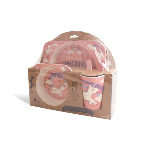 A bamboo fibre dinner set in pink featuring unicorn designs, including plates, a cup, and utensils, all in packaging.