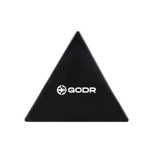 A black triangular sticky nano rubber pad with a logo on one side.