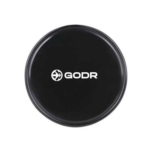 A round, black sticky pad with a logo in the centre, designed for holding small items securely.