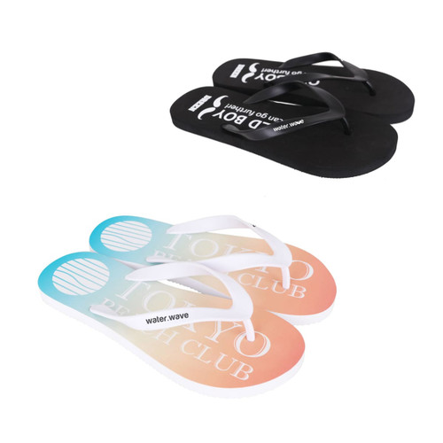 A pair of black thongs and a pair of multicoloured gradient thongs with white straps, each featuring a logo.